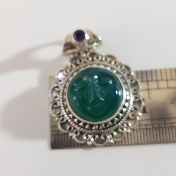 Green Onyx Carved Face Pendant with Amethyst Accent in Sterling Silver - Picture 10 of 13